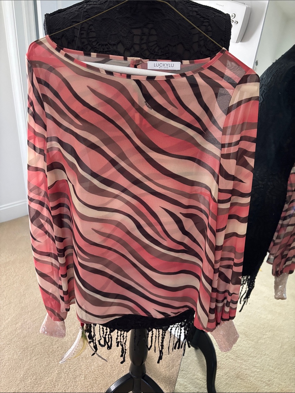 Lucky Lu Pink & Brown Sheer Zebra-Print Long Sleeve Blouse